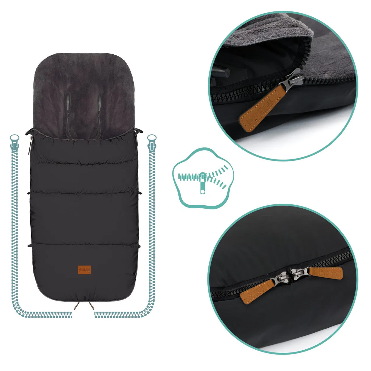 Frontalansicht des Winterfußsacks Kinley mit grauem Fleece-Innenfutter und schwarzer Außenseite