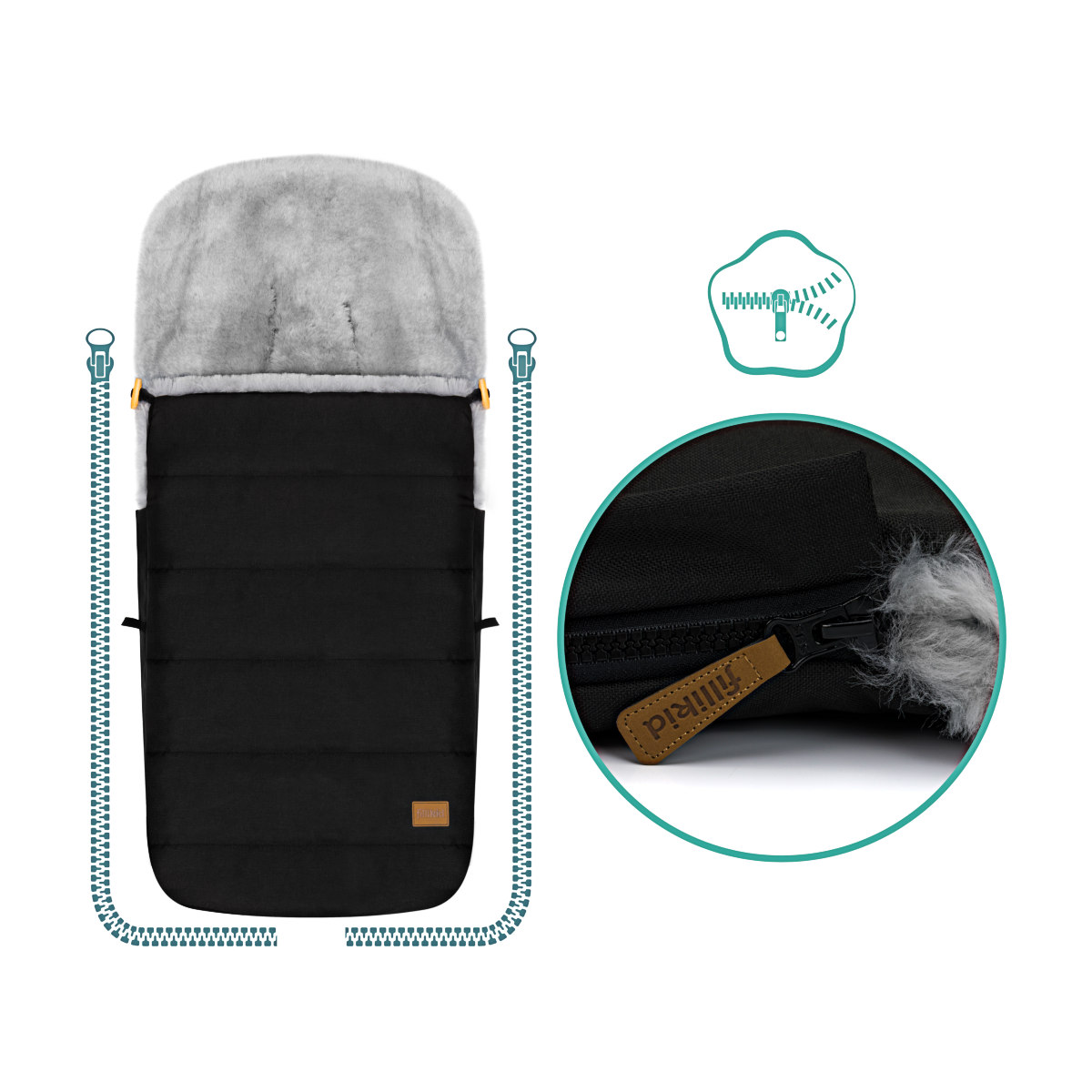 Flexibles Öffnen und Schließen Nahaufnahme eines schwarzen Winterfußsacks mit geöffnetem Rundum-Reißverschluss. Seitliche Holzknebel sind sichtbar und dienen als Schutz gegen Zugluft.