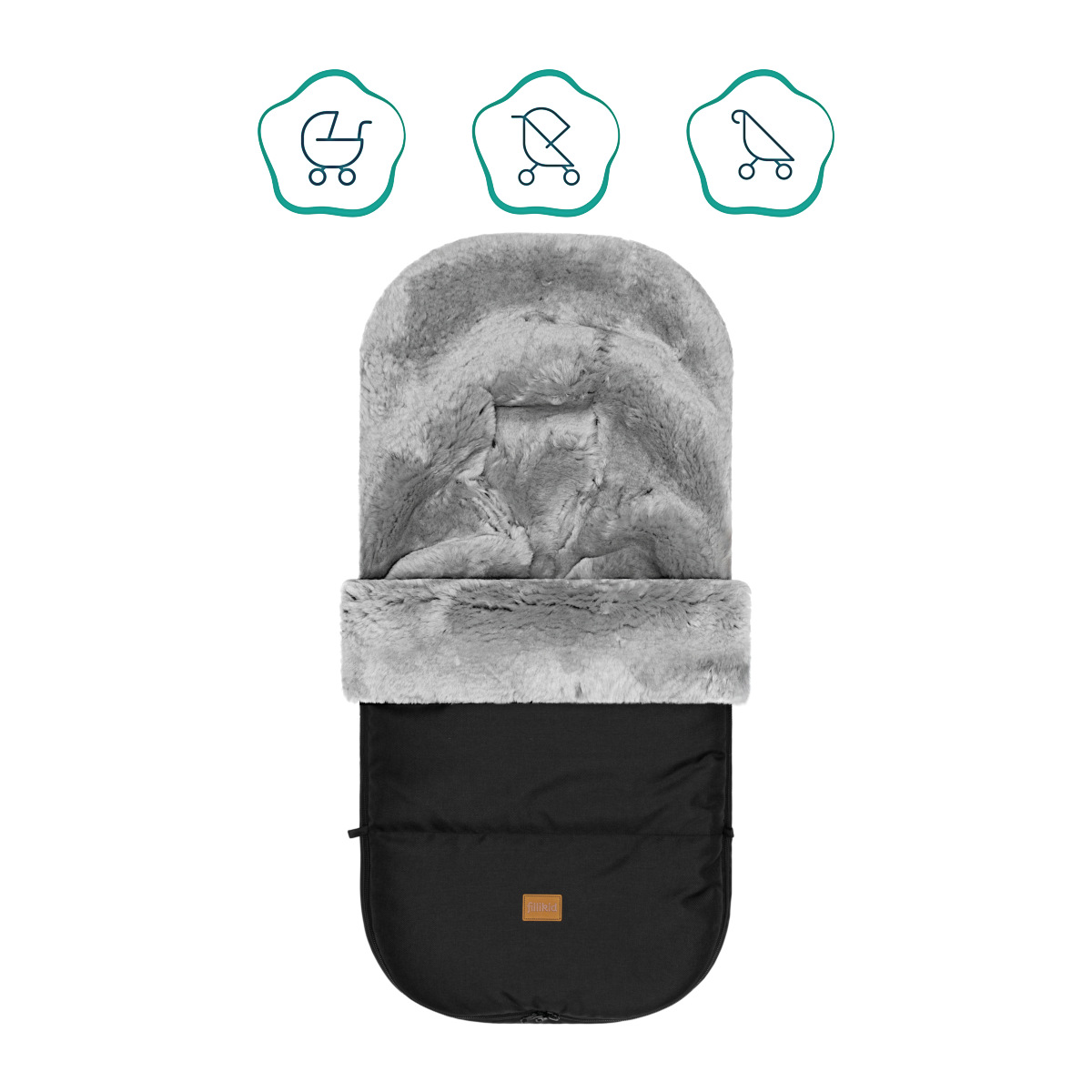 Vielseitig einsetzbar Das zweite Bild zeigt den Lammfellfußsack in seitlicher Perspektive. Die ergonomische Form passt sich optimal an Ergositze und Sportwagen an, ein Reißverschluss verläuft schräg über die Seite.