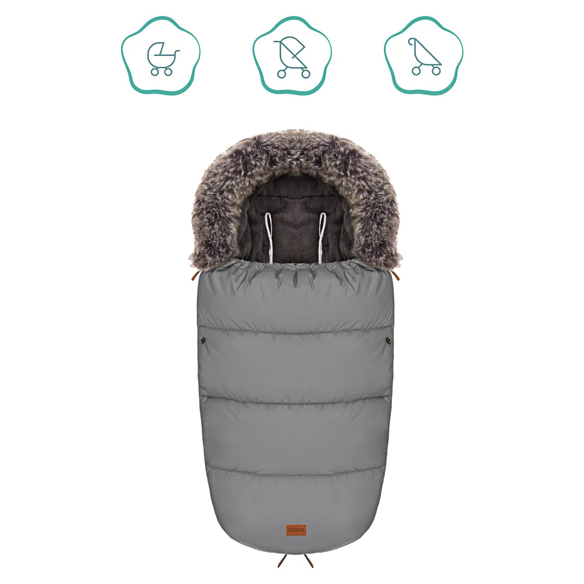 Freigestellter grauer Winterfußsack mit Fellkragen am oberen Rand. Über dem Fußsack sind drei Symbole für Kinderwagen, Buggy und Sportwagen abgebildet, die seine Einsatzmöglichkeiten zeigen.