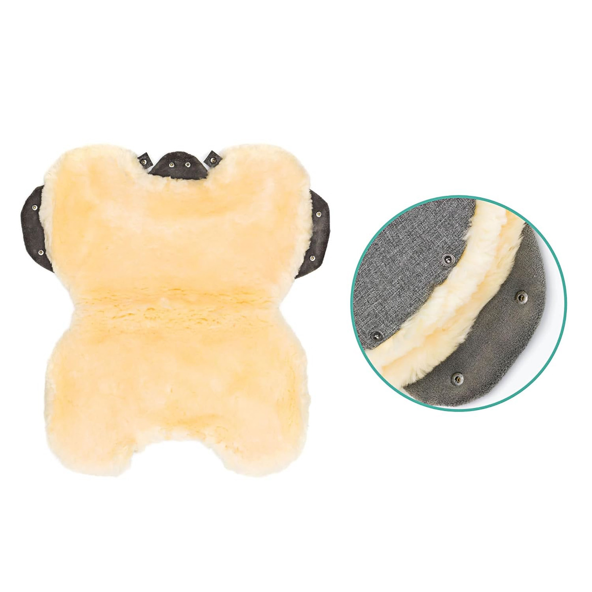 Geöffneter Handwärmer mit flauschiger Lammfell-Innenseite und seitlichen Druckknöpfen, Detailansicht von Außen- und Innenmaterial.
