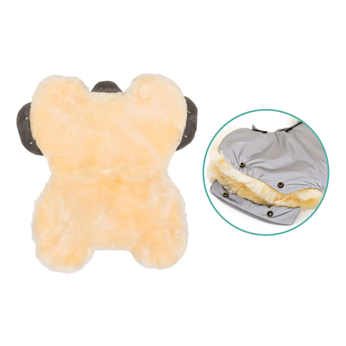 Geöffneter Handwärmer mit flauschiger Lammfell-Innenseite und seitlichen Druckknöpfen, Detailansicht von Außen- und Innenmaterial.