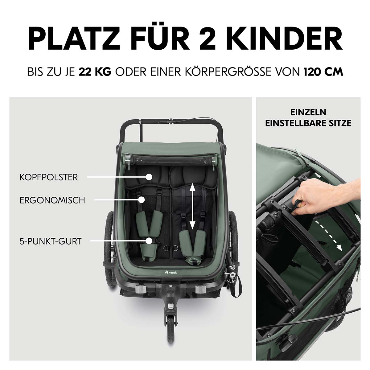 Maximaler Komfort für zwei Kinder Hier wird der Innenraum des Fahrradanhänger gezeigt