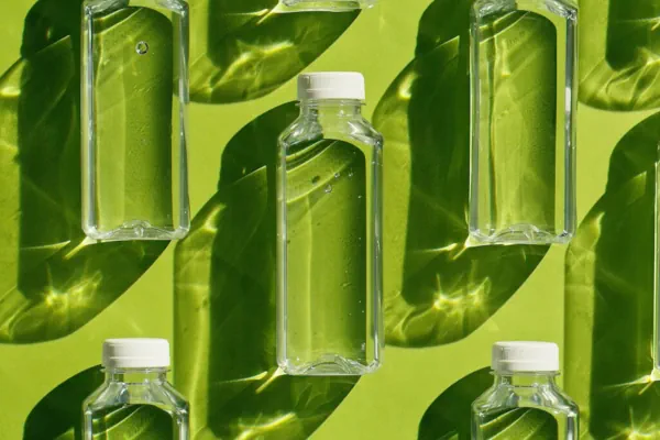 Leere Kunststoffflaschen auf grünem Hintergrund