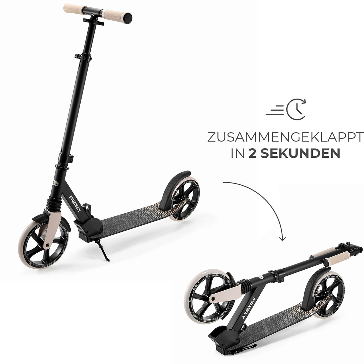 Zusammenklappbare Konstruktion zeigt den Scooter auf- und zusammengeklappt