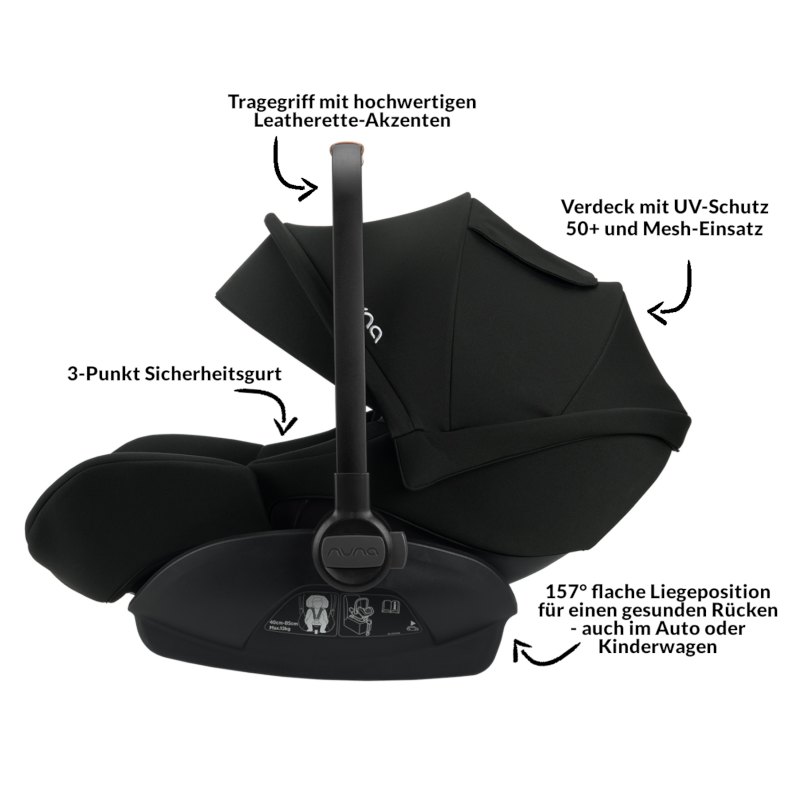 Nuna ARRA Next Merkmale Nuna ARRA Next Abbildung mit Darstellung der Features zum Gurtsystem, Sonnenverdeck, Liegeposition & Leatherette Details