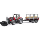 Bruder 02046 Traktor Massey Ferguson 7480 mit Frontlader und Holztransportanhänger