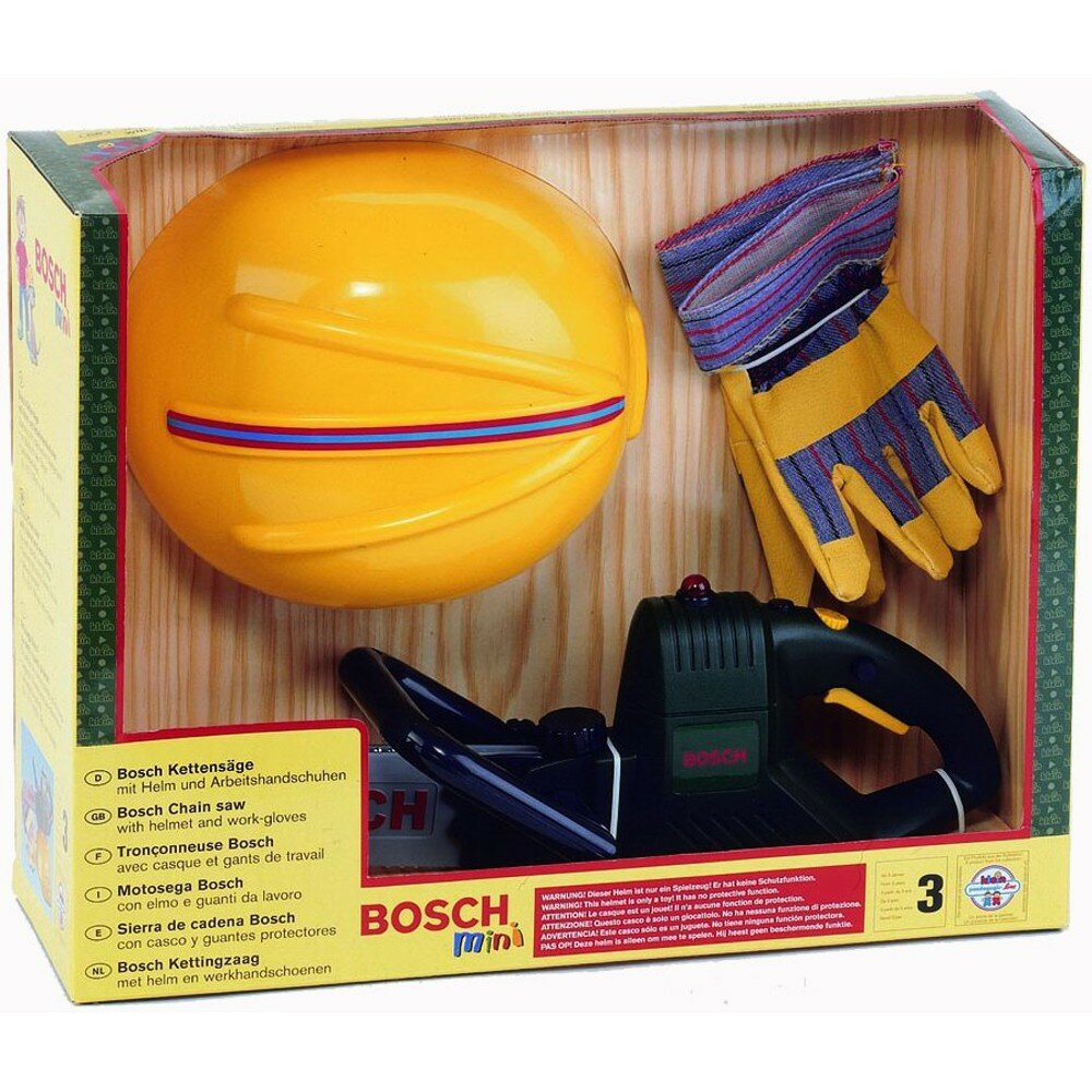 Theo Klein Bosch 8435 WerkerSet - Kettensäge mit Helm und Handschuhe,